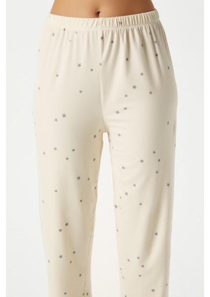 Kadın Kindness Yumuşak Doku Tereyağ Sarısı Yıldız Desen Bisiklet Yaka Kısa Kollu Alt Üst Pijama Takımı