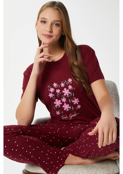 Kadın Garden Yumuşak Doku Bordo Çiçek Desen Bisiklet Yaka Kısa Kollu Alt Üst Pijama Takımı