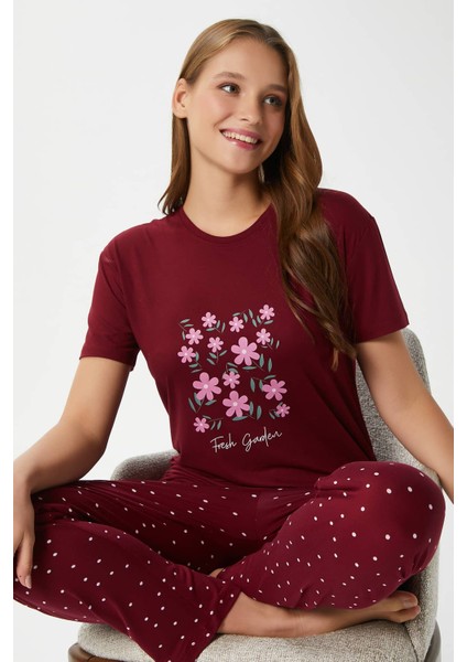 Kadın Garden Yumuşak Doku Bordo Çiçek Desen Bisiklet Yaka Kısa Kollu Alt Üst Pijama Takımı fiyatları