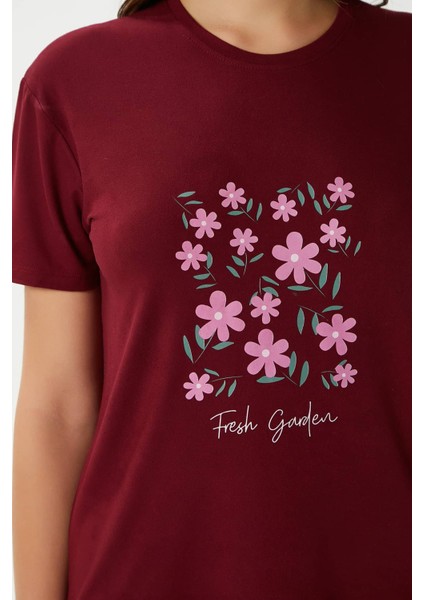 Kadın Garden Yumuşak Doku Bordo Çiçek Desen Bisiklet Yaka Kısa Kollu Alt Üst Pijama Takımı fırsatları