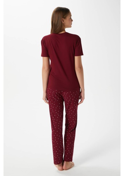 Kadın Garden Yumuşak Doku Bordo Çiçek Desen Bisiklet Yaka Kısa Kollu Alt Üst Pijama Takımı indirimleri