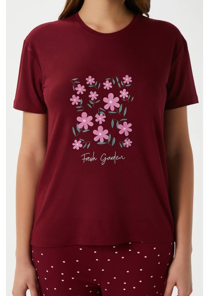 Kadın Garden Yumuşak Doku Bordo Çiçek Desen Bisiklet Yaka Kısa Kollu Alt Üst Pijama Takımı