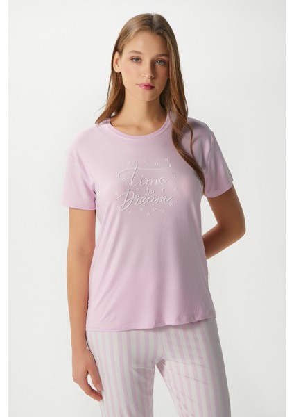 Kadın Time Yumuşak Doku Pembe Çizgili Bisiklet Yaka Kısa Kollu Alt Üst Pijama Takımı