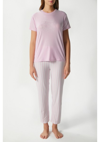 Kadın Time Yumuşak Doku Pembe Çizgili Bisiklet Yaka Kısa Kollu Alt Üst Pijama Takımı