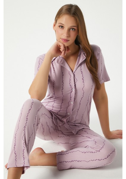 Kadın Spring Yumuşak Doku Lila Bahar Dalı Ön Düğmeli Kısa Kollu Pijama Takımı