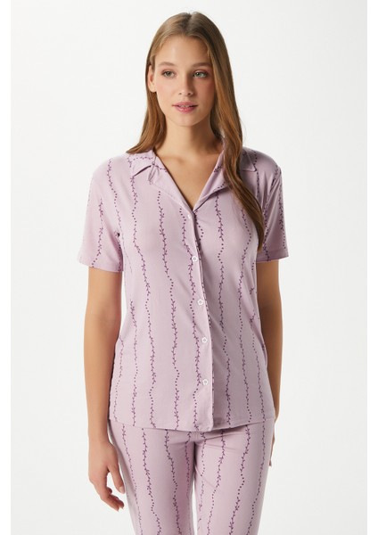 Kadın Spring Yumuşak Doku Lila Bahar Dalı Ön Düğmeli Kısa Kollu Pijama Takımı fiyatları