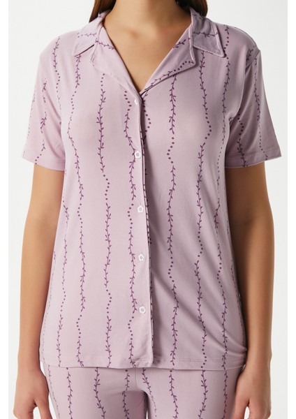 Kadın Spring Yumuşak Doku Lila Bahar Dalı Ön Düğmeli Kısa Kollu Pijama Takımı modelleri
