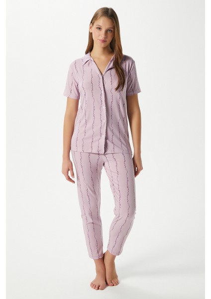 Kadın Spring Yumuşak Doku Lila Bahar Dalı Ön Düğmeli Kısa Kollu Pijama Takımı fırsatları