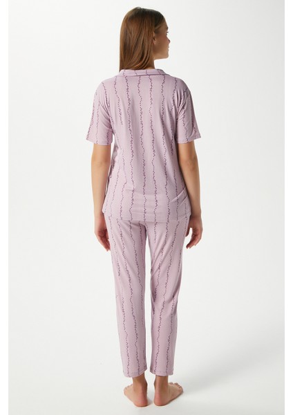 Kadın Spring Yumuşak Doku Lila Bahar Dalı Ön Düğmeli Kısa Kollu Pijama Takımı indirimleri