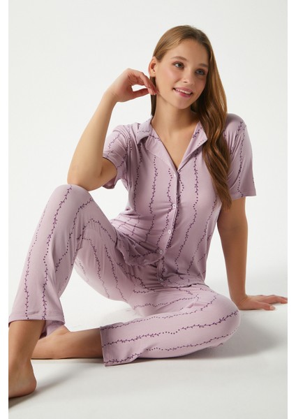 Kadın Spring Yumuşak Doku Lila Bahar Dalı Ön Düğmeli Kısa Kollu Pijama Takımı