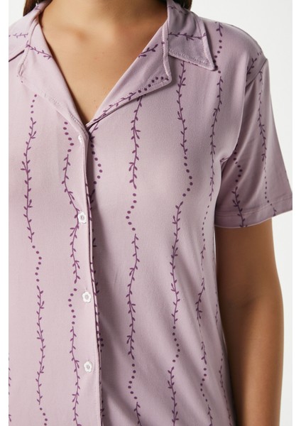 Kadın Spring Yumuşak Doku Lila Bahar Dalı Ön Düğmeli Kısa Kollu Pijama Takımı