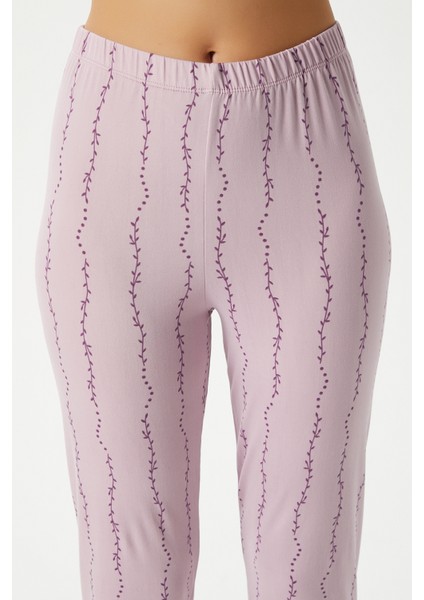 Kadın Spring Yumuşak Doku Lila Bahar Dalı Ön Düğmeli Kısa Kollu Pijama Takımı