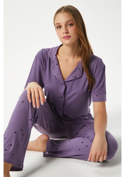 Kadın Star Yumuşak Doku Mor Yıldızlı Ön Düğmeli Kısa Kollu Pijama Takımı