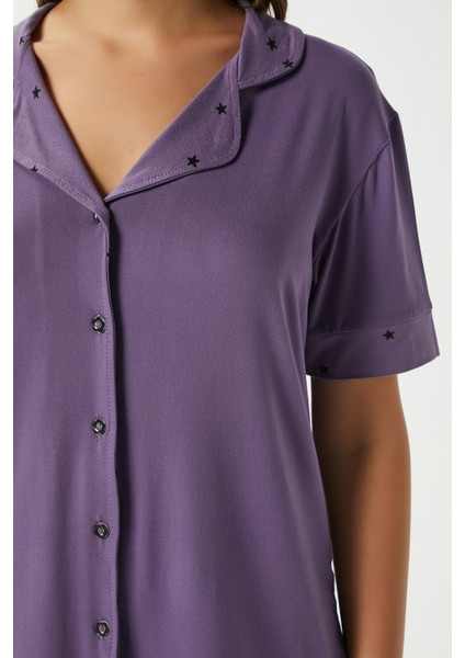 Kadın Star Yumuşak Doku Mor Yıldızlı Ön Düğmeli Kısa Kollu Pijama Takımı fiyatları