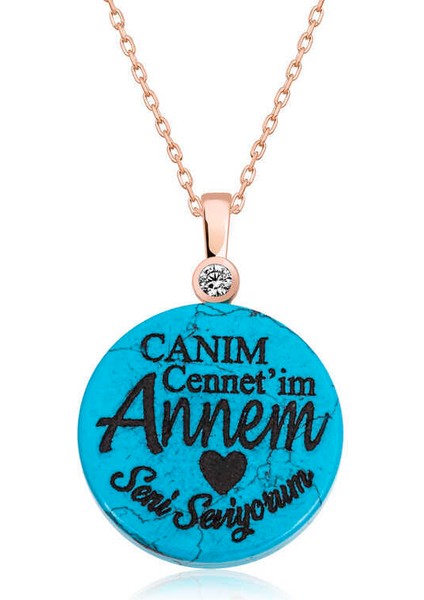 ​gümüş Rose Turkuaz Taşlı Annem Yazılı Kadın Kolye