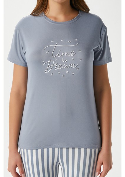 Kadın Time Yumuşak Doku Gri Çizgili Bisiklet Yaka Kısa Kollu Alt Üst Pijama Takımı fiyatları