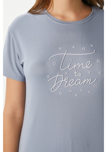 Kadın Time Yumuşak Doku Gri Çizgili Bisiklet Yaka Kısa Kollu Alt Üst Pijama Takımı