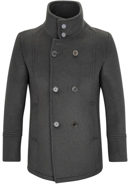 Haki - Gri Slim Fit Kruvaze Yünlü Kaşe Kaban