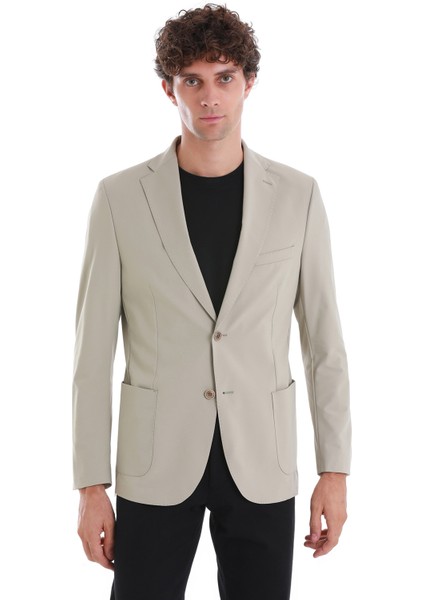 Bej Slim Fit Çizgili Mono Yaka Casual Ceket