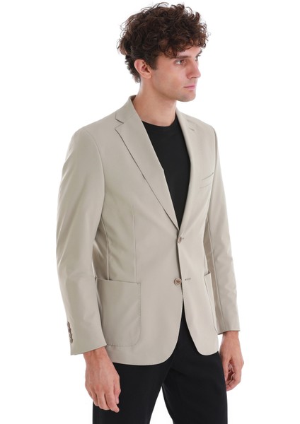 Bej Slim Fit Çizgili Mono Yaka Casual Ceket fiyatları