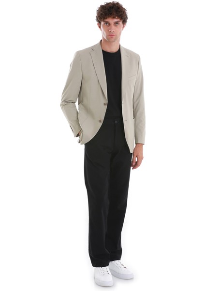 Bej Slim Fit Çizgili Mono Yaka Casual Ceket