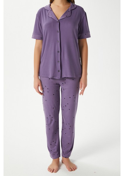 Kadın Star Yumuşak Doku Mor Yıldızlı Ön Düğmeli Kısa Kollu Pijama Takımı