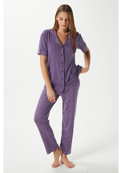 Kadın Star Yumuşak Doku Mor Yıldızlı Ön Düğmeli Kısa Kollu Pijama Takımı