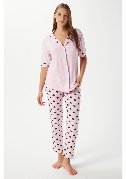 Kadın Lily Yumuşak Doku Pembe Kalpli Ön Düğmeli Kısa Kollu Pijama Takımı