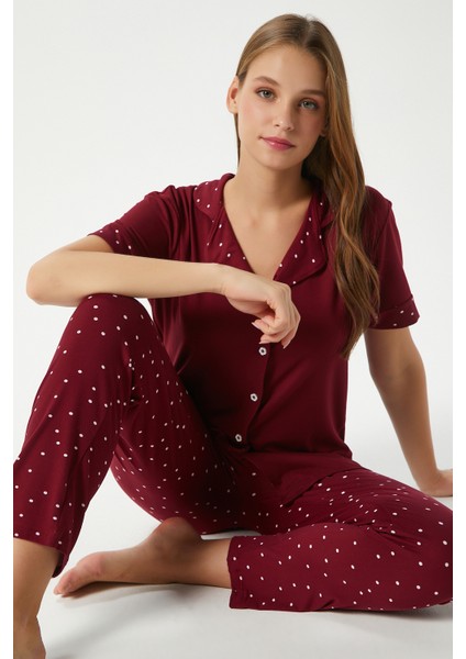 Kadın Lenora Yumuşak Doku Bordo Puantiyeli Ön Düğme Kısa Kollu Pijama Takımı