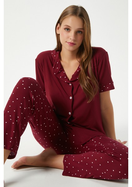 Kadın Lenora Yumuşak Doku Bordo Puantiyeli Ön Düğme Kısa Kollu Pijama Takımı indirimleri