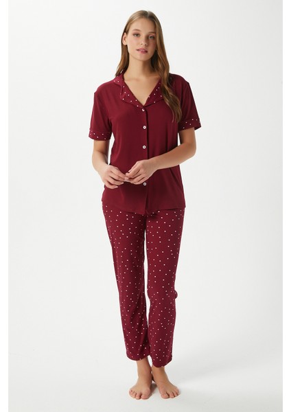 Kadın Lenora Yumuşak Doku Bordo Puantiyeli Ön Düğme Kısa Kollu Pijama Takımı