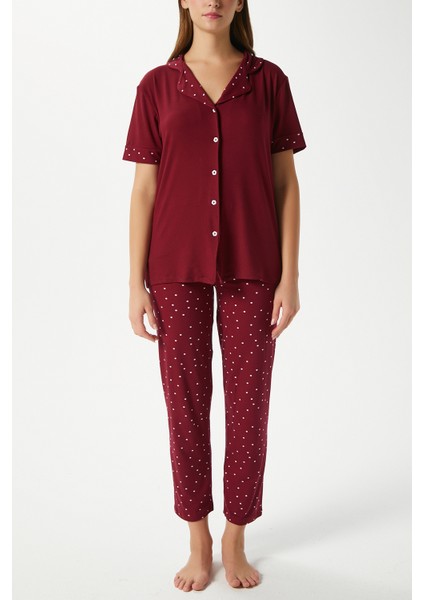 Kadın Lenora Yumuşak Doku Bordo Puantiyeli Ön Düğme Kısa Kollu Pijama Takımı