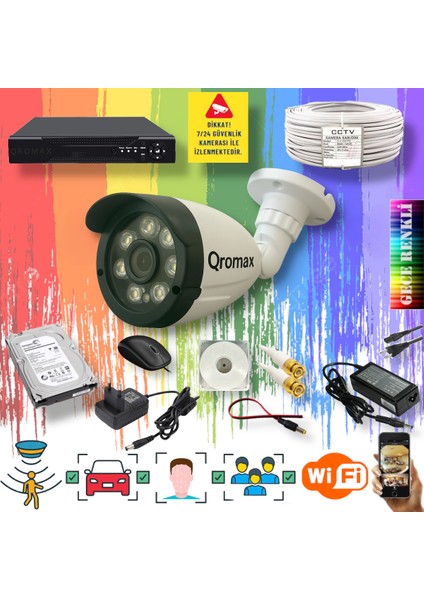 1 Kameralı Set - Yapay Zeka Özellikli Gece Renkli Gösteren 8 Warm Ledli TurboHD Güvenlik Kamerası Seti 3908W-104