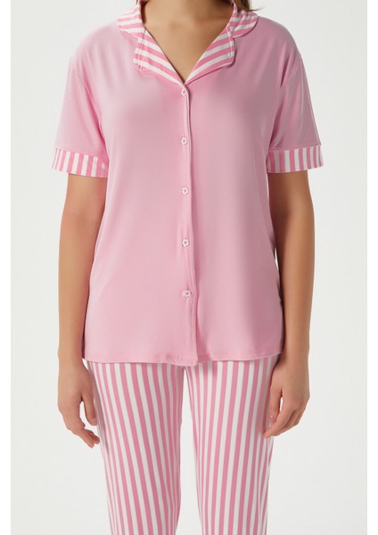 Kadın Elena Yumuşak Doku Pembe Çizgili Ön Düğme Kısa Kollu Pijama Takımı indirimleri