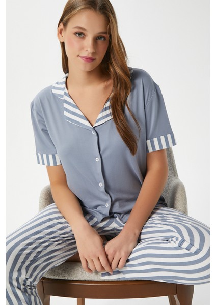 Kadın Elena Yumuşak Doku Gri Çizgili Ön Düğme Kısa Kollu Pijama Takımı modelleri