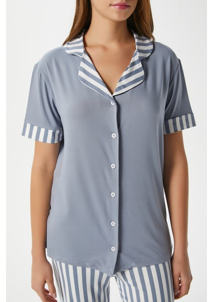 Kadın Elena Yumuşak Doku Gri Çizgili Ön Düğme Kısa Kollu Pijama Takımı fırsatları