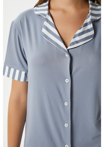 Kadın Elena Yumuşak Doku Gri Çizgili Ön Düğme Kısa Kollu Pijama Takımı