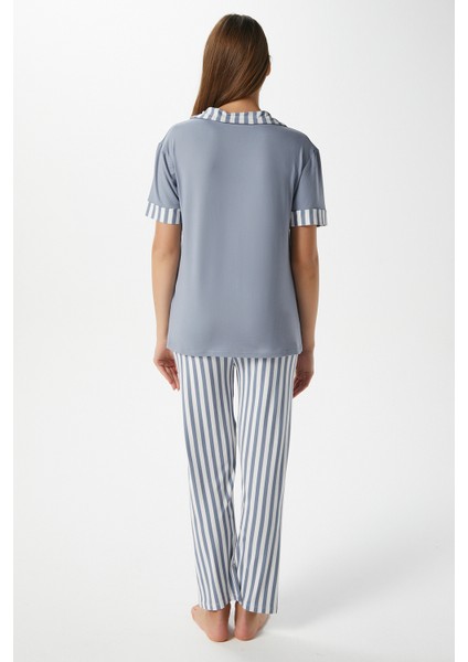Kadın Elena Yumuşak Doku Gri Çizgili Ön Düğme Kısa Kollu Pijama Takımı