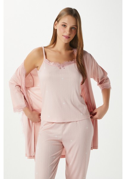 Kadın Betty Somon Kalpli 3'lü Paket Sabahlıklı Ip Askılı Dantelli Fitilli Örme Pijama Takımı