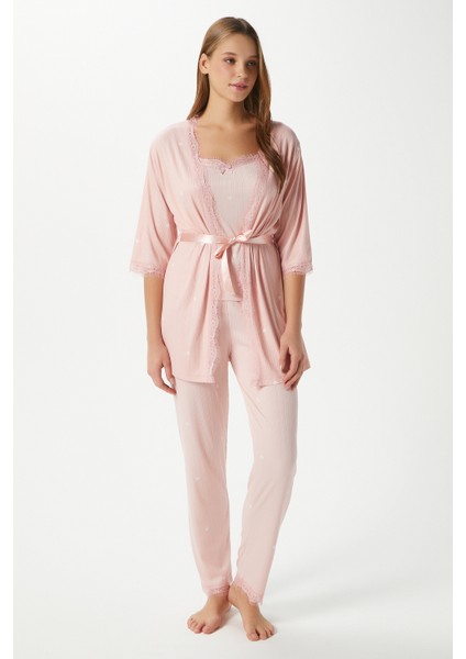 Kadın Betty Somon Kalpli 3'lü Paket Sabahlıklı Ip Askılı Dantelli Fitilli Örme Pijama Takımı fiyatları