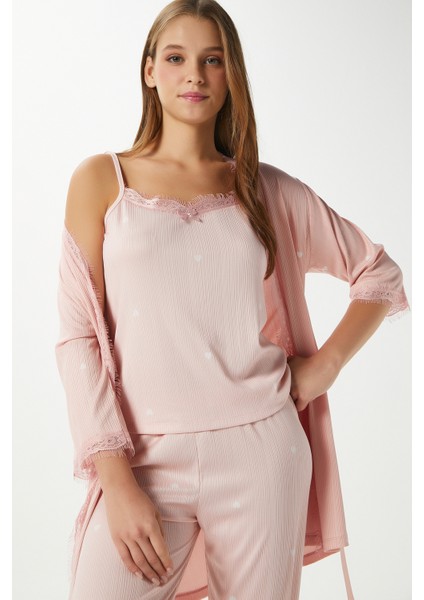 Kadın Betty Somon Kalpli 3'lü Paket Sabahlıklı Ip Askılı Dantelli Fitilli Örme Pijama Takımı modelleri