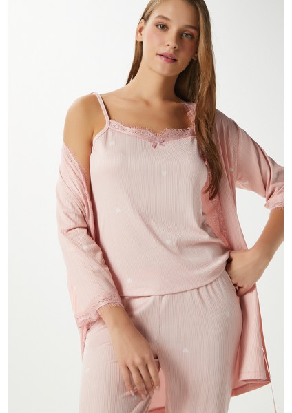 Kadın Betty Somon Kalpli 3'lü Paket Sabahlıklı Ip Askılı Dantelli Fitilli Örme Pijama Takımı