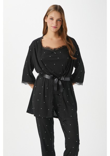 Kadın Betty Siyah Puantiyeli 3'lü Paket Sabahlıklı Ip Askılı Dantelli Fitilli Örme Pijama Takımı
