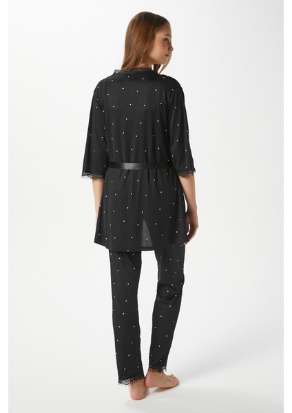Kadın Betty Siyah Puantiyeli 3'lü Paket Sabahlıklı Ip Askılı Dantelli Fitilli Örme Pijama Takımı modelleri