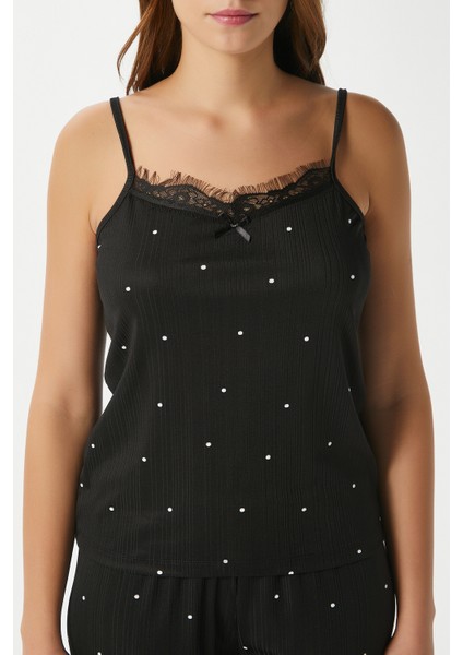 Kadın Betty Siyah Puantiyeli 3'lü Paket Sabahlıklı Ip Askılı Dantelli Fitilli Örme Pijama Takımı fırsatları