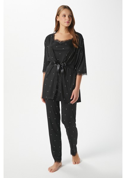 Kadın Betty Siyah Puantiyeli 3'lü Paket Sabahlıklı Ip Askılı Dantelli Fitilli Örme Pijama Takımı