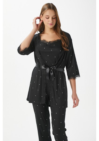 Kadın Betty Siyah Puantiyeli 3'lü Paket Sabahlıklı Ip Askılı Dantelli Fitilli Örme Pijama Takımı