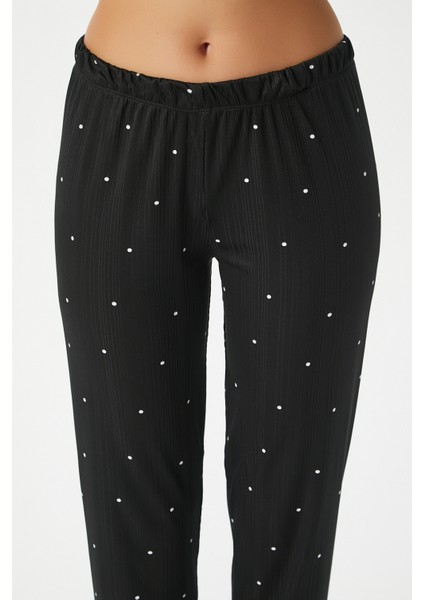 Kadın Betty Siyah Puantiyeli 3'lü Paket Sabahlıklı Ip Askılı Dantelli Fitilli Örme Pijama Takımı