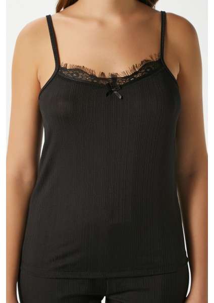 Kadın Betty Siyah 3'lü Paket Sabahlıklı Ip Askılı Dantelli Fitilli Örme Pijama Takımı