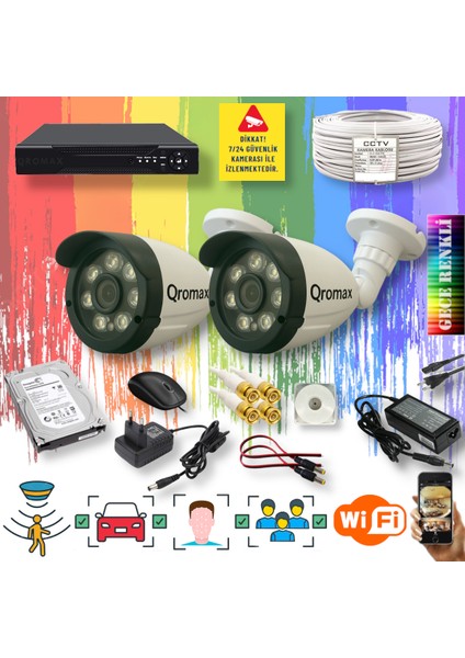 2 Kameralı Set - Yapay Zeka Özellikli Gece Renkli Gösteren 8 Warm Ledli TurboHD Güvenlik Kamerası Seti 3908W-104